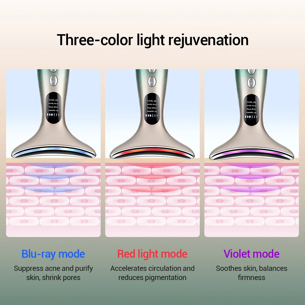 Dispositivo di Bellezza per Collo e Viso - DearBeauty con Micro-corrente EMS e Luce Tricolore - Rassodante e Ringiovanente per Lifting del Viso, Linee del Collo e Rughe