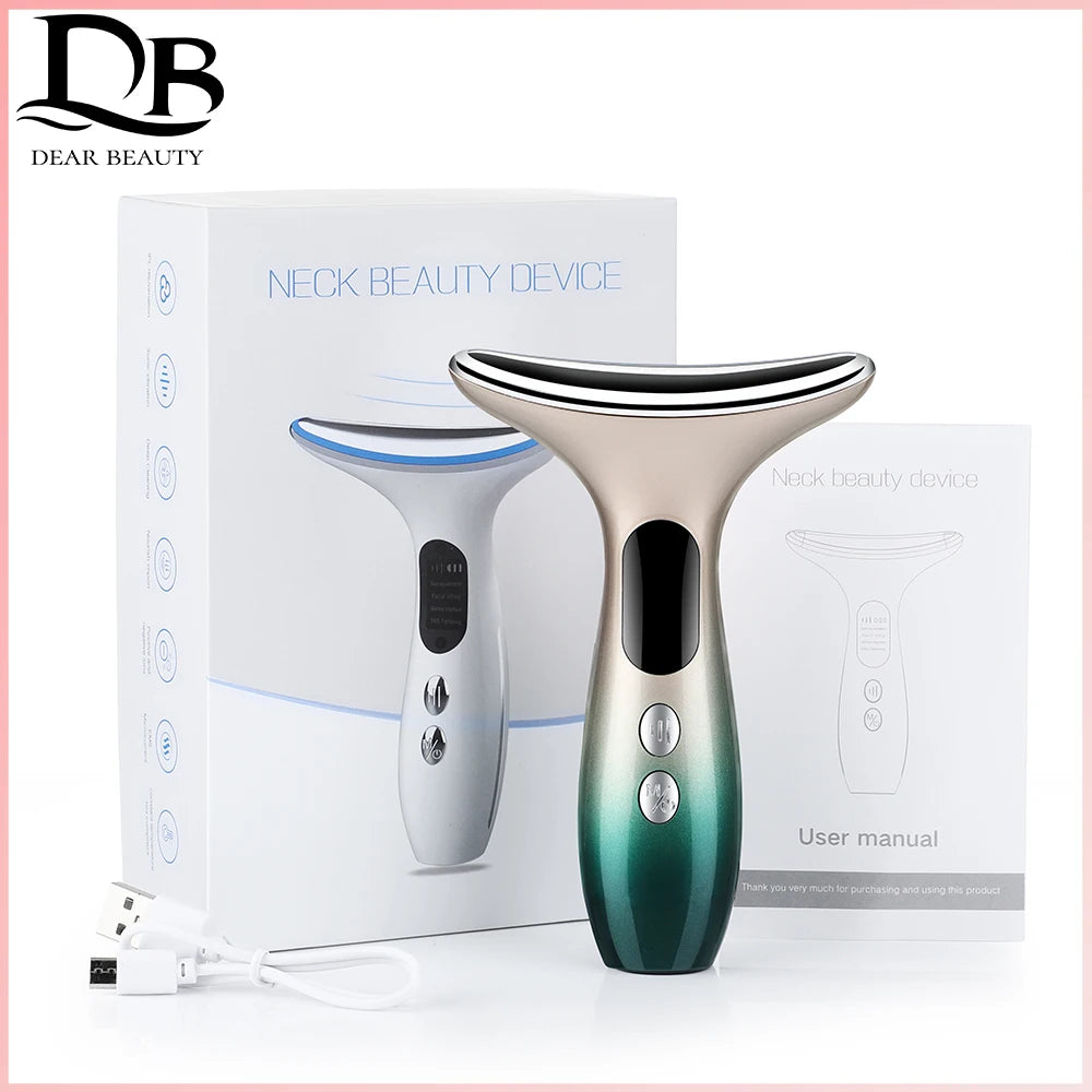 Dispositivo di Bellezza per Collo e Viso - DearBeauty con Micro-corrente EMS e Luce Tricolore - Rassodante e Ringiovanente per Lifting del Viso, Linee del Collo e Rughe